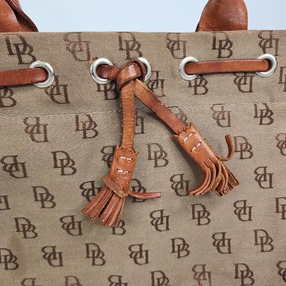 Dooney & Bourke Khaki Signature Monogram Canvas Tan Leather Tassel Tote - Picture 5 of 16
